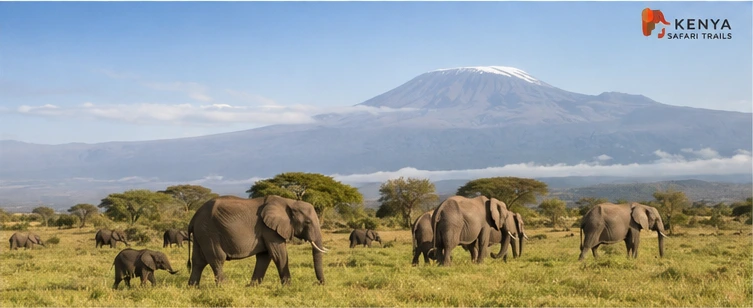 Herd of elephants grazing in the vast, open plains of Amboseli National Park Kenya